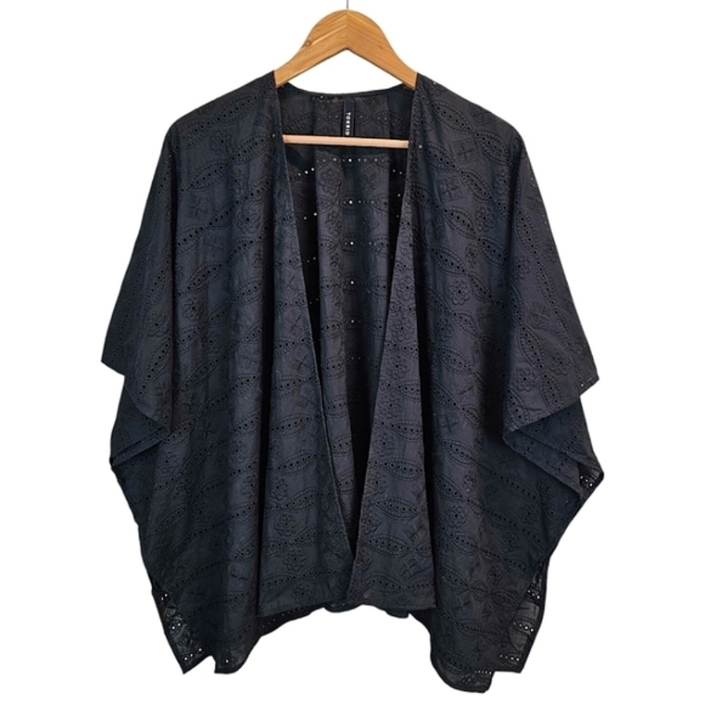 Torrid Womens Cotton Embroidered Woven Ruana Kimono OS Black Boho Beach Open